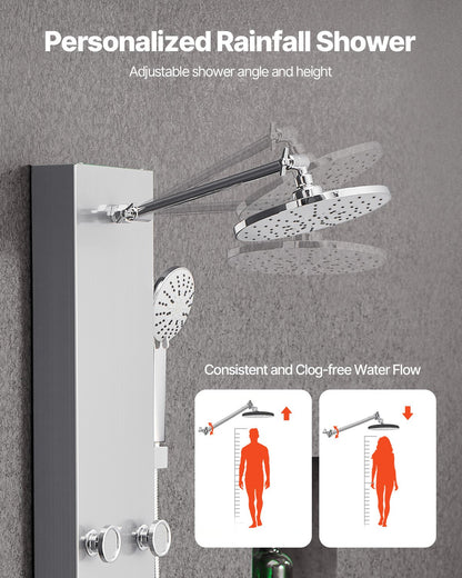 Duschpaneel-Turmsystem mit Regenduschkopf, 124 cm hohe Duschsäule aus gebürstetem Edelstahl, 3-Funktions-Armatur, Hochdruck-Wand-Regenmassagesystem mit 6 Körperdüsen und Handbrause