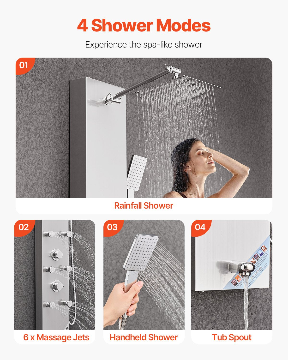 Shower Panel Tower System with Rainfall Shower Head, LED, 49 in Brushed Stainless Steel Shower Column, 4-Function Faucet, Wall-Mount Rain Massage System with 6 Body Jets, Handheld, and Tub Spout