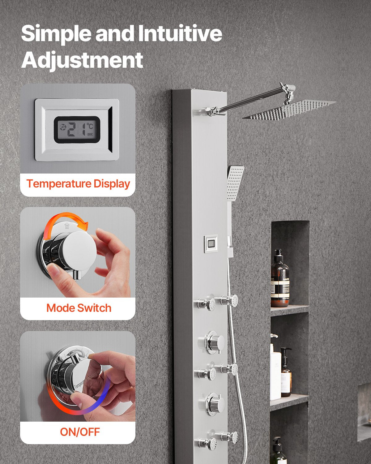 Shower Panel Tower System with Rainfall Shower Head, LED, 49 in Brushed Stainless Steel Shower Column, 4-Function Faucet, Wall-Mount Rain Massage System with 6 Body Jets, Handheld, and Tub Spout