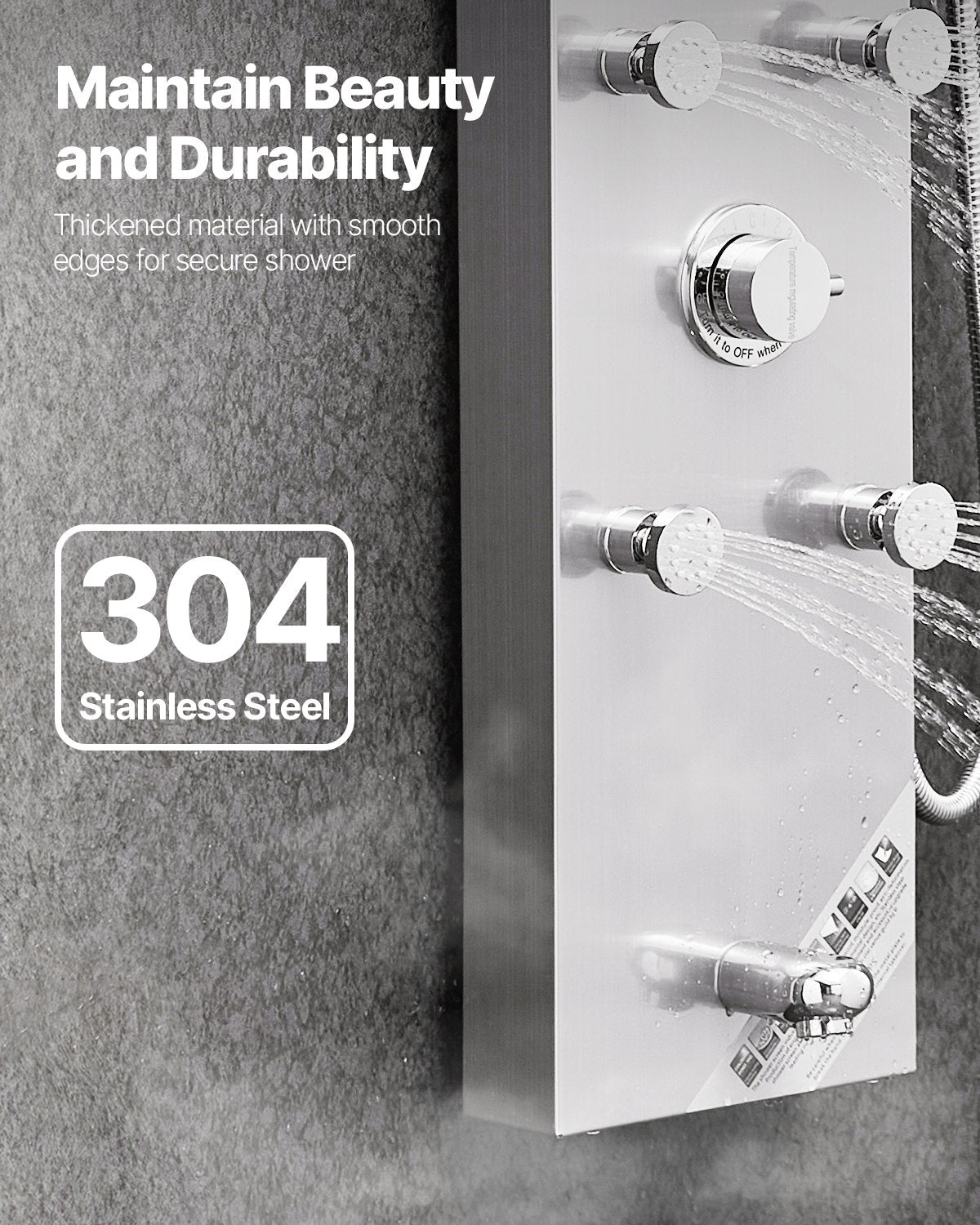 Shower Panel Tower System with Rainfall Shower Head, LED, 49 in Brushed Stainless Steel Shower Column, 4-Function Faucet, Wall-Mount Rain Massage System with 6 Body Jets, Handheld, and Tub Spout