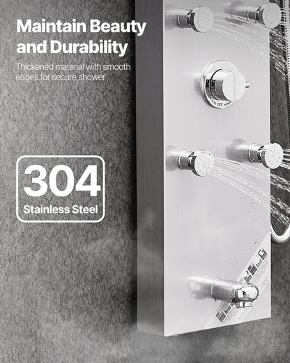 Shower Panel Tower System with Rainfall Shower Head, LED, 49 in Brushed Stainless Steel Shower Column, 4-Function Faucet, Wall-Mount Rain Massage System with 6 Body Jets, Handheld, and Tub Spout