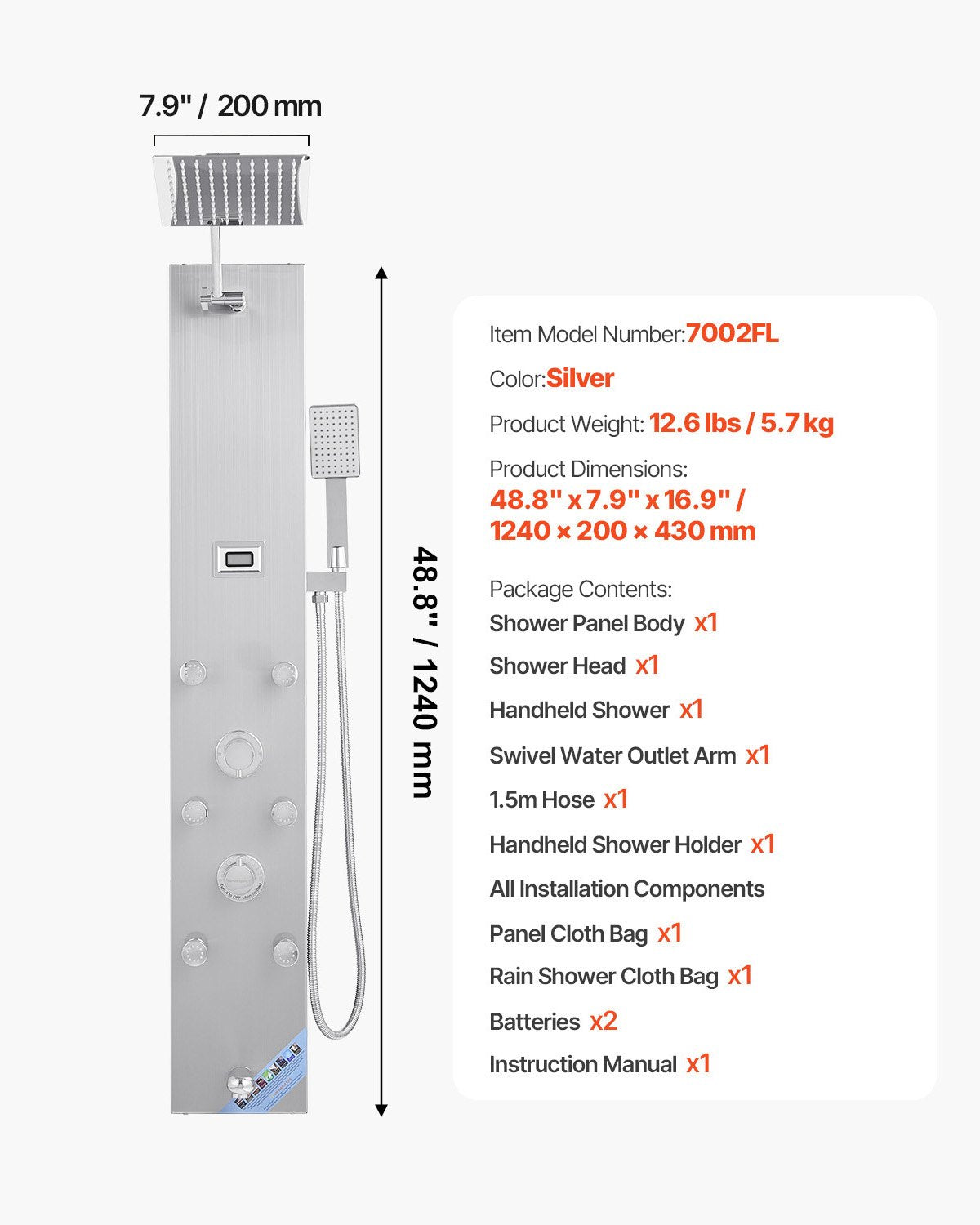 Shower Panel Tower System with Rainfall Shower Head, LED, 49 in Brushed Stainless Steel Shower Column, 4-Function Faucet, Wall-Mount Rain Massage System with 6 Body Jets, Handheld, and Tub Spout