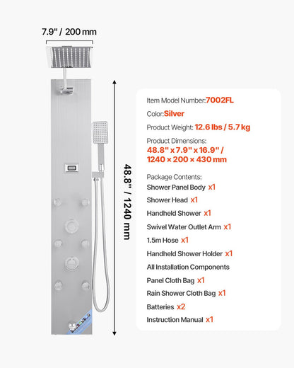 Shower Panel Tower System with Rainfall Shower Head, LED, 49 in Brushed Stainless Steel Shower Column, 4-Function Faucet, Wall-Mount Rain Massage System with 6 Body Jets, Handheld, and Tub Spout