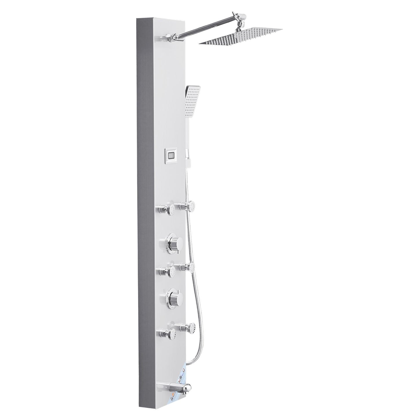 Shower Panel Tower System with Rainfall Shower Head, LED, 49 in Brushed Stainless Steel Shower Column, 4-Function Faucet, Wall-Mount Rain Massage System with 6 Body Jets, Handheld, and Tub Spout