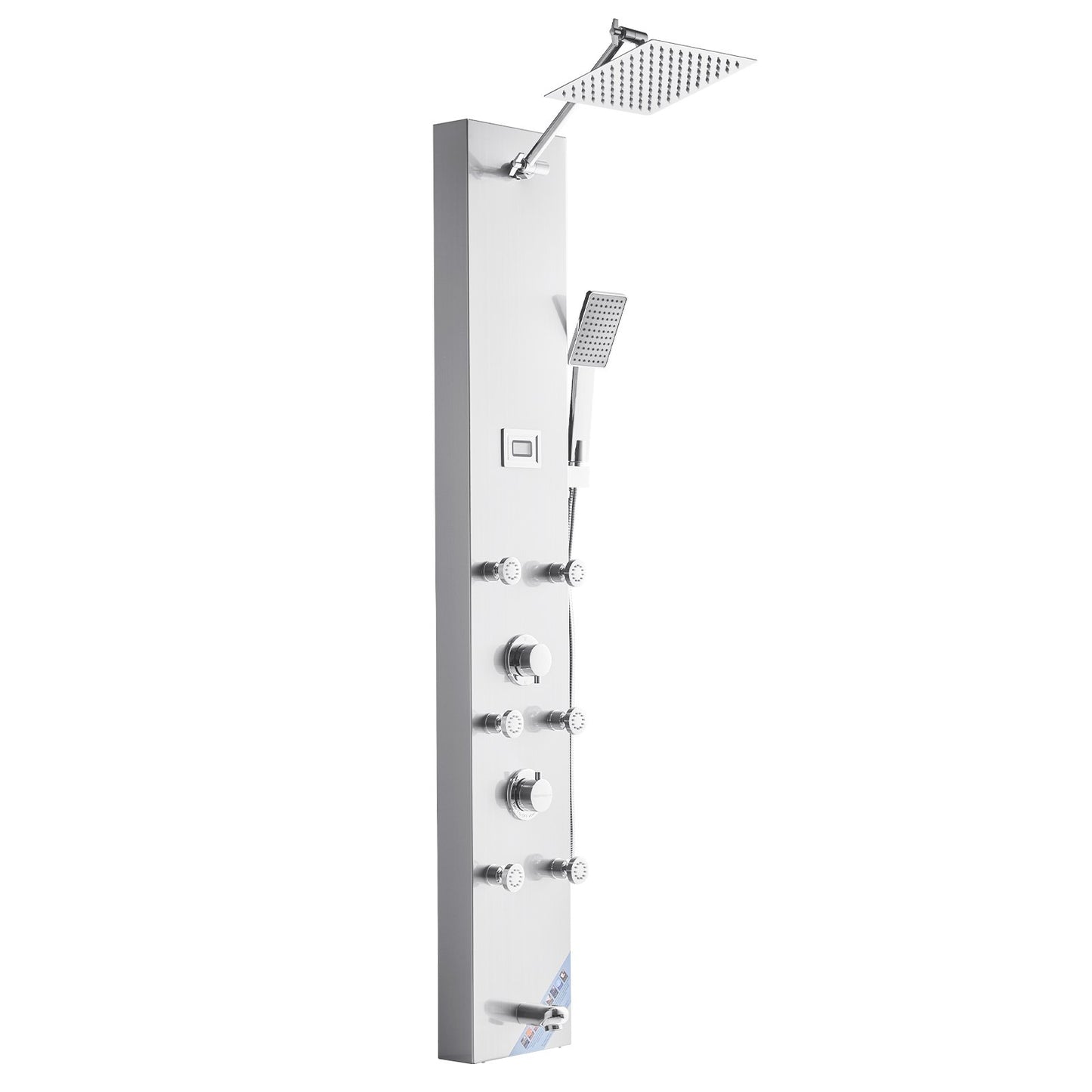 Shower Panel Tower System with Rainfall Shower Head, LED, 49 in Brushed Stainless Steel Shower Column, 4-Function Faucet, Wall-Mount Rain Massage System with 6 Body Jets, Handheld, and Tub Spout