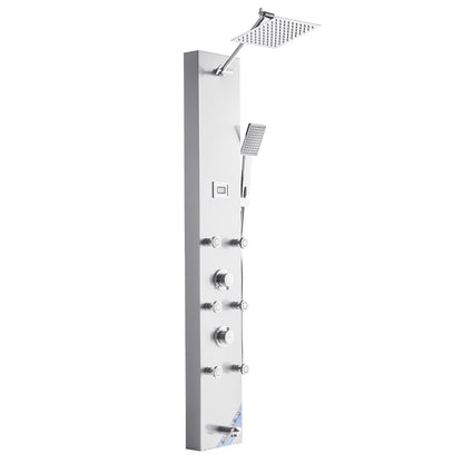 Shower Panel Tower System with Rainfall Shower Head, LED, 49 in Brushed Stainless Steel Shower Column, 4-Function Faucet, Wall-Mount Rain Massage System with 6 Body Jets, Handheld, and Tub Spout