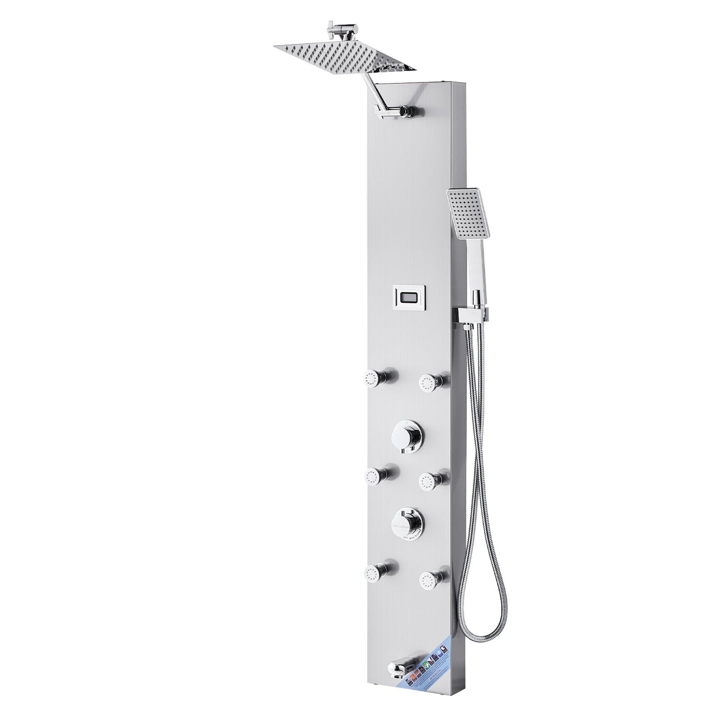 Shower Panel Tower System with Rainfall Shower Head, LED, 49 in Brushed Stainless Steel Shower Column, 4-Function Faucet, Wall-Mount Rain Massage System with 6 Body Jets, Handheld, and Tub Spout