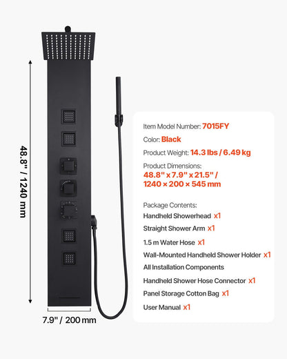 Shower Panel Tower System with Rainfall Shower Head, 49 in Brushed Stainless Steel Shower Column, 4-Function Faucet, Wall-Mount Rain Massage System, with 4 Body Jets, Handheld, and Tub Spout