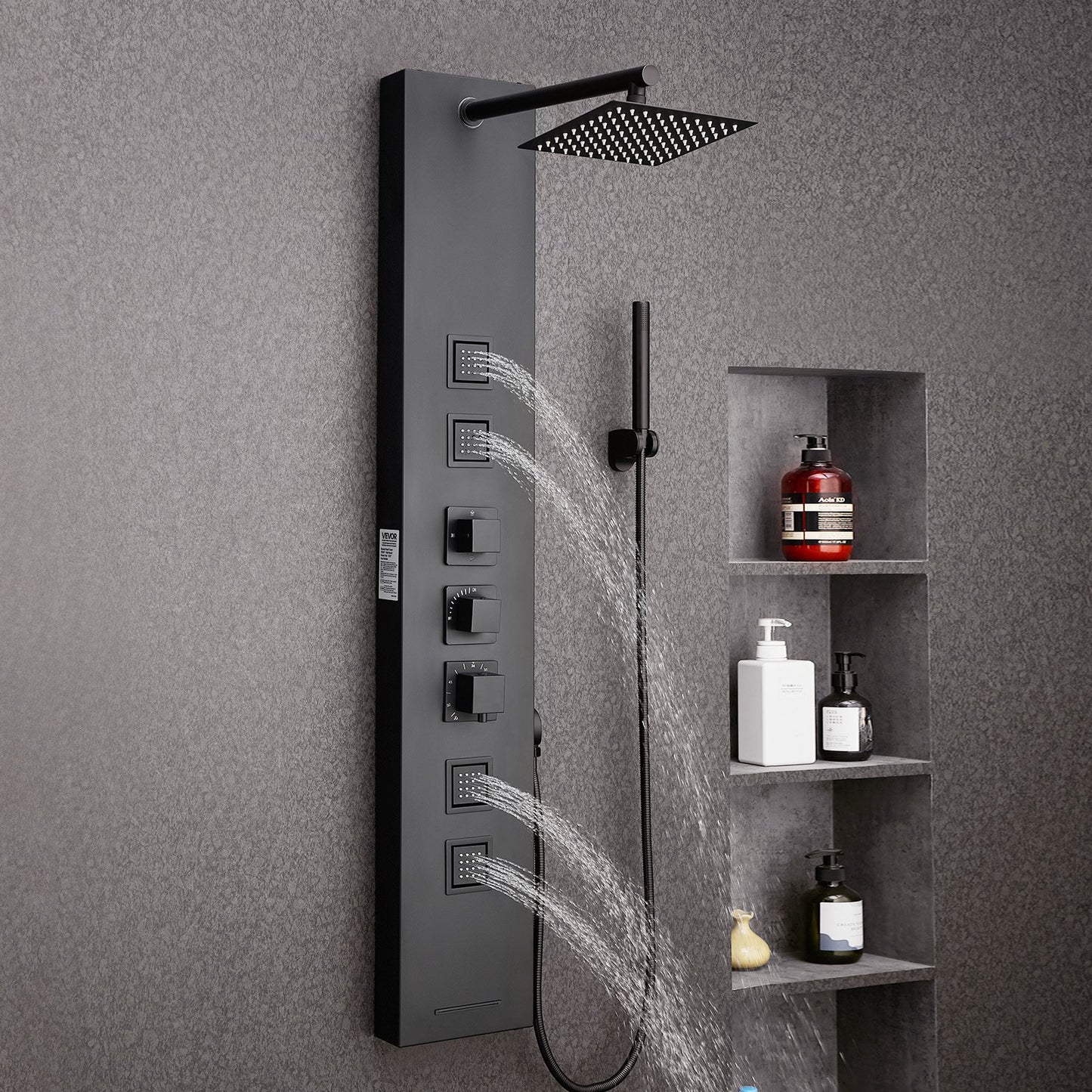 Shower Panel Tower System with Rainfall Shower Head, 49 in Brushed Stainless Steel Shower Column, 4-Function Faucet, Wall-Mount Rain Massage System, with 4 Body Jets, Handheld, and Tub Spout