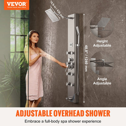 Shower Panel System, 6 Shower Modes, Digital Display Shower Panel Tower, Rainfall, 8 Massage Jets, Tub Spout, 3-Setting Handheld Shower Head 59" Hose, Stainless Steel Wall-Mounted Shower Set