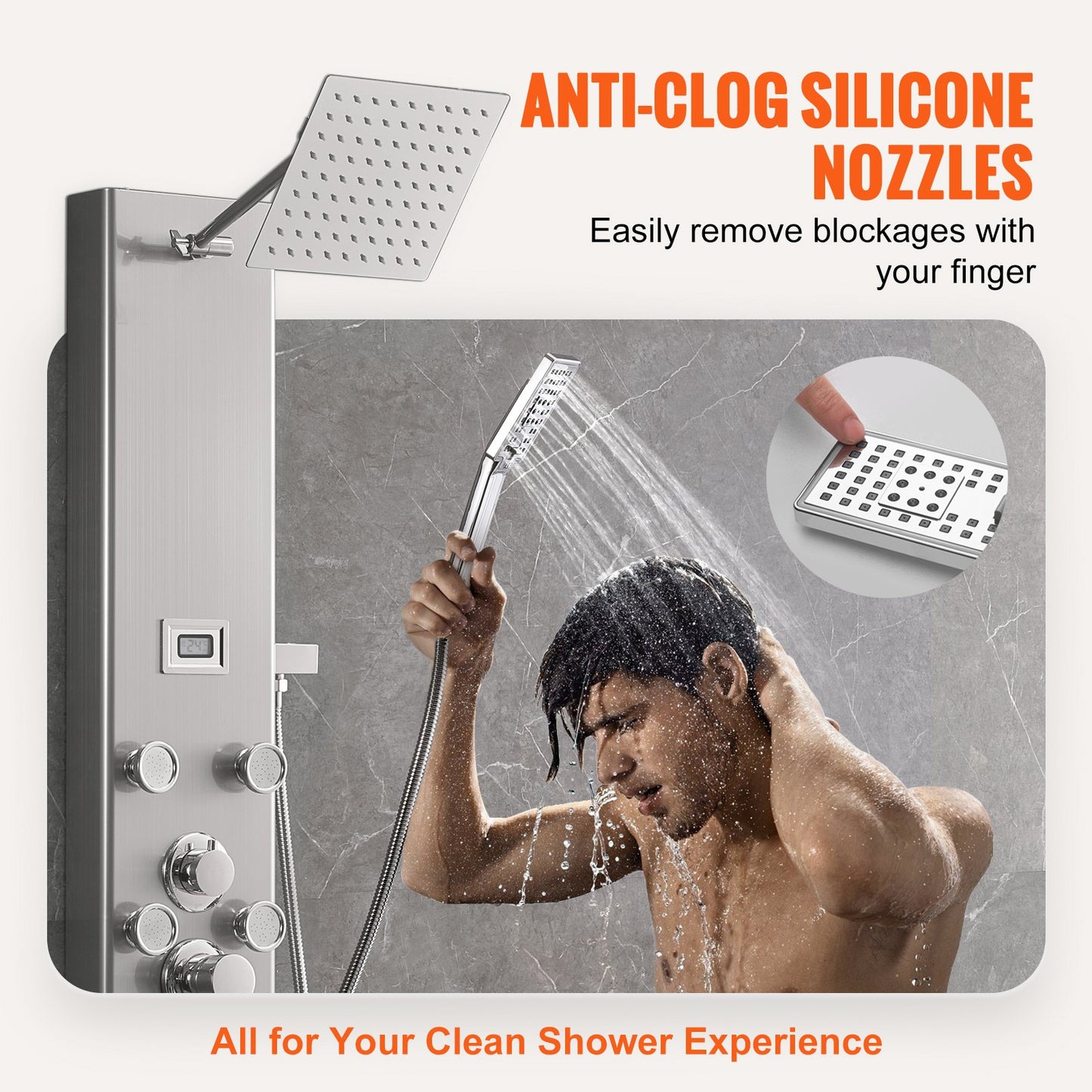 Shower Panel System, 6 Shower Modes, Digital Display Shower Panel Tower, Rainfall, 8 Massage Jets, Tub Spout, 3-Setting Handheld Shower Head 59" Hose, Stainless Steel Wall-Mounted Shower Set