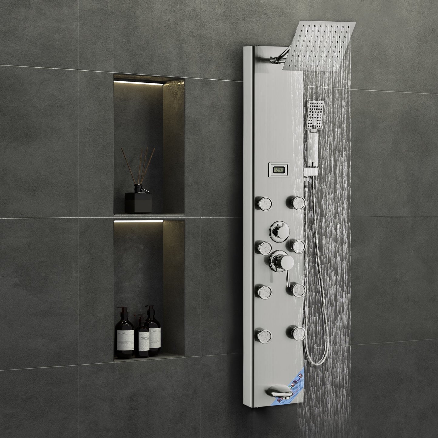 Shower Panel System, 6 Shower Modes, Digital Display Shower Panel Tower, Rainfall, 8 Massage Jets, Tub Spout, 3-Setting Handheld Shower Head 59" Hose, Stainless Steel Wall-Mounted Shower Set