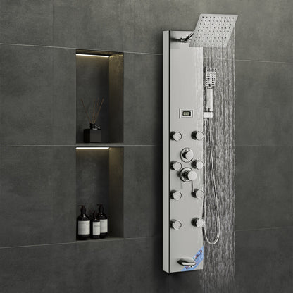 Shower Panel System, 6 Shower Modes, Digital Display Shower Panel Tower, Rainfall, 8 Massage Jets, Tub Spout, 3-Setting Handheld Shower Head 59" Hose, Stainless Steel Wall-Mounted Shower Set