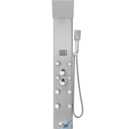 Shower Panel System, 6 Shower Modes, Digital Display Shower Panel Tower, Rainfall, 8 Massage Jets, Tub Spout, 3-Setting Handheld Shower Head 59" Hose, Stainless Steel Wall-Mounted Shower Set