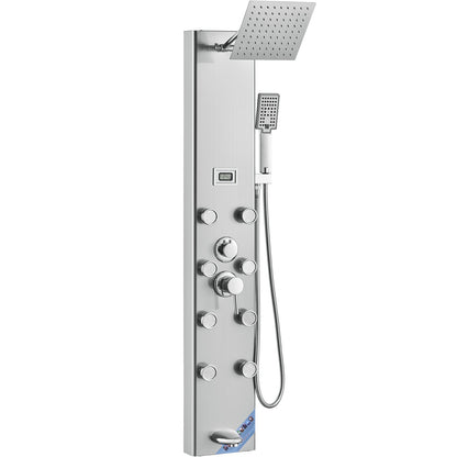 Shower Panel System, 6 Shower Modes, Digital Display Shower Panel Tower, Rainfall, 8 Massage Jets, Tub Spout, 3-Setting Handheld Shower Head 59" Hose, Stainless Steel Wall-Mounted Shower Set