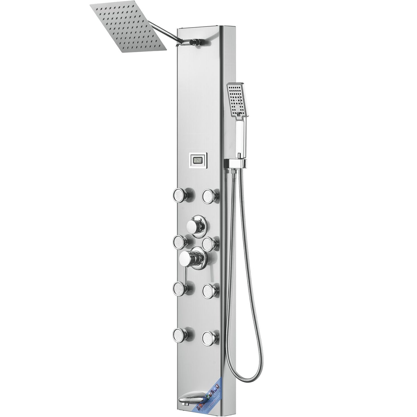 Shower Panel System, 6 Shower Modes, Digital Display Shower Panel Tower, Rainfall, 8 Massage Jets, Tub Spout, 3-Setting Handheld Shower Head 59" Hose, Stainless Steel Wall-Mounted Shower Set