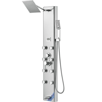 Shower Panel System, 6 Shower Modes, Digital Display Shower Panel Tower, Rainfall, 8 Massage Jets, Tub Spout, 3-Setting Handheld Shower Head 59" Hose, Stainless Steel Wall-Mounted Shower Set