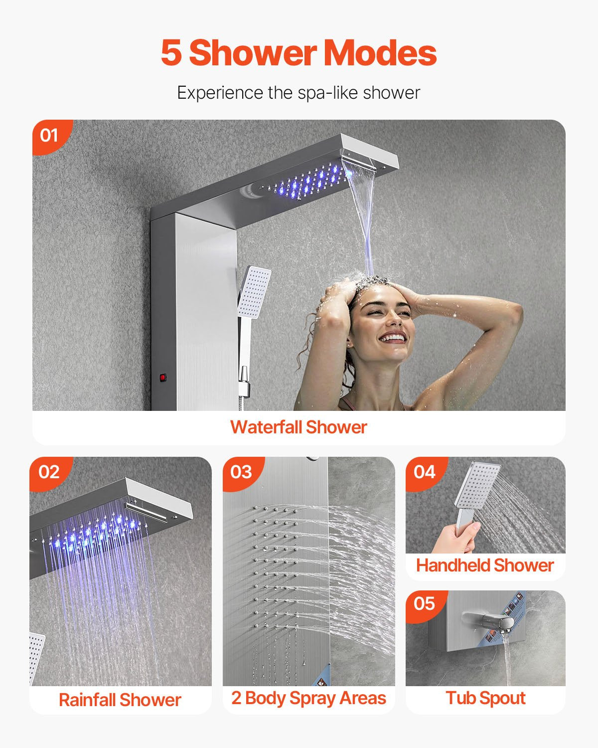 Shower Panel Tower System with Rainfall Waterfall Shower Head, LED, 53 in Brushed Stainless Steel Shower Column, 5-Function Faucet, Wall-Mount Rain Massage System, with Handheld, Tub Spout