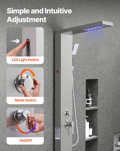 Shower Panel Tower System with Rainfall Waterfall Shower Head, LED, 53 in Brushed Stainless Steel Shower Column, 5-Function Faucet, Wall-Mount Rain Massage System, with Handheld, Tub Spout