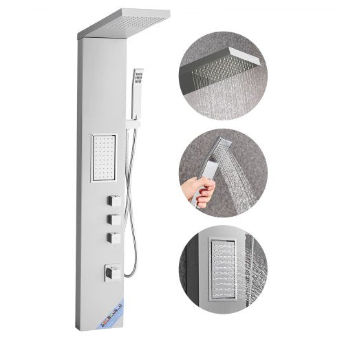 Shower Panel Tower System with Rainfall Shower Head, 53 in Brushed Stainless Steel Shower Column, 3-Function Faucet, High Pressure Wall-Mount Rain Massage System, with Large Body Jet, Handheld