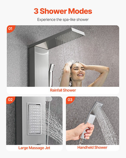 Shower Panel Tower System with Rainfall Shower Head, 53 in Brushed Stainless Steel Shower Column, 3-Function Faucet, High Pressure Wall-Mount Rain Massage System, with Large Body Jet, Handheld