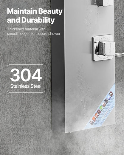 Shower Panel Tower System with Rainfall Shower Head, 53 in Brushed Stainless Steel Shower Column, 3-Function Faucet, High Pressure Wall-Mount Rain Massage System, with Large Body Jet, Handheld