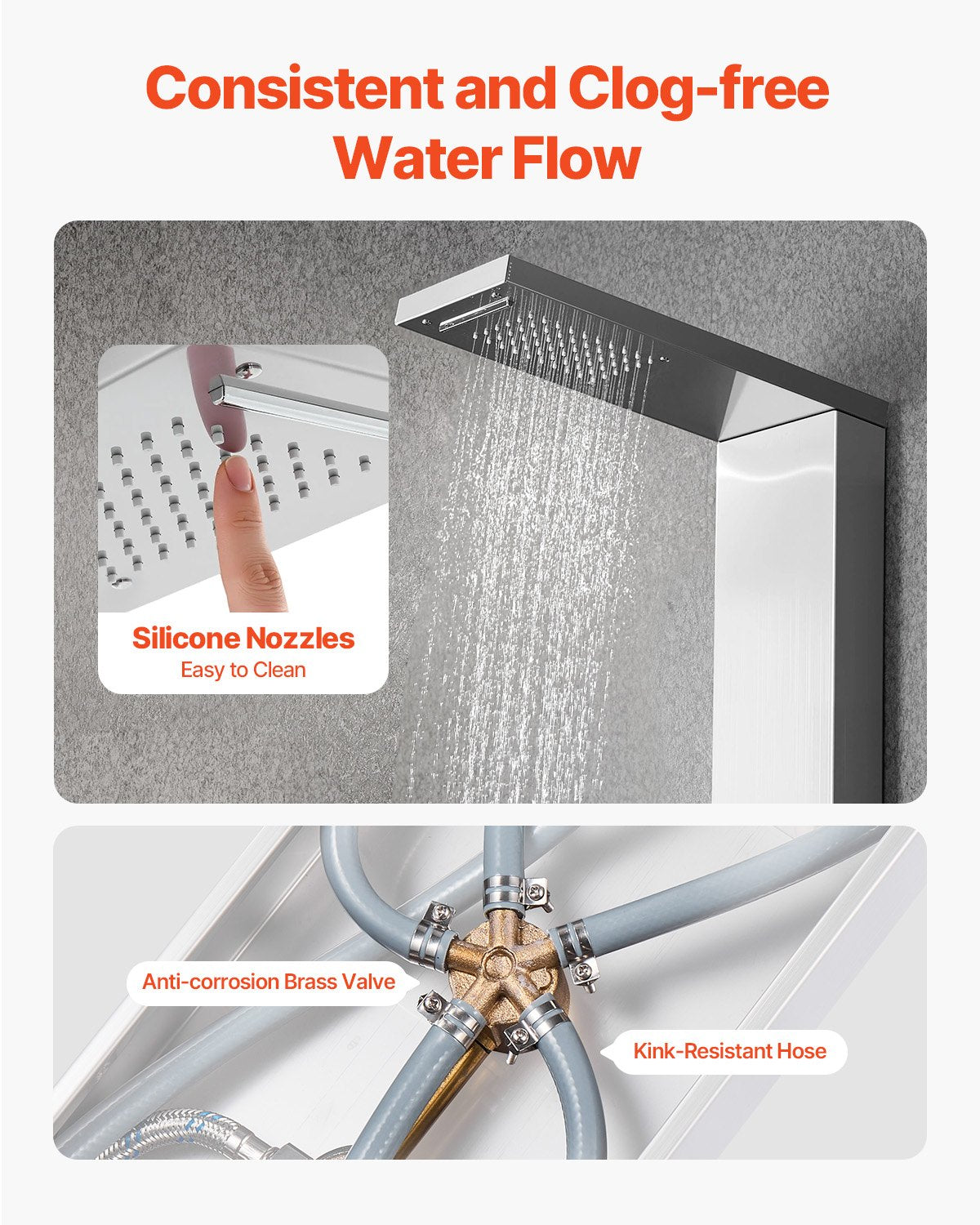 Duschpaneel-Turmsystem mit Regenduschkopf, 135 cm hohe Duschsäule aus gebürstetem Edelstahl, 5-Funktions-Armatur, wandmontiertes Regenmassagesystem mit 2 Körperdüsen, Handbrause und Wanneneinlauf