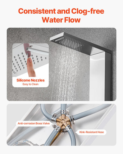 Duschpaneel-Turmsystem mit Regenduschkopf, 135 cm hohe Duschsäule aus gebürstetem Edelstahl, 5-Funktions-Armatur, wandmontiertes Regenmassagesystem mit 2 Körperdüsen, Handbrause und Wanneneinlauf