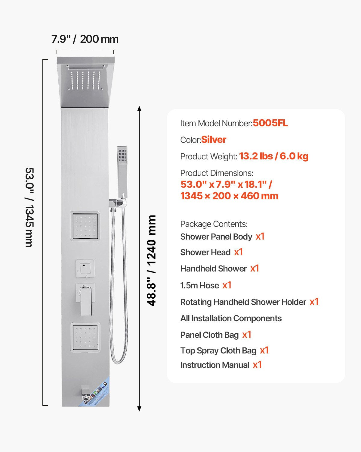 Duschpaneel-Turmsystem mit Regenduschkopf, 135 cm hohe Duschsäule aus gebürstetem Edelstahl, 5-Funktions-Armatur, wandmontiertes Regenmassagesystem mit 2 Körperdüsen, Handbrause und Wanneneinlauf
