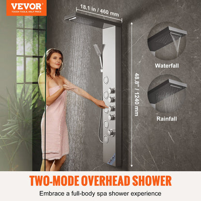 Shower Panel System, 4 Shower Modes Shower Panel Tower, Rainfall, Waterfall, 5 Full Body Massage Jets and 3-Setting Handheld Shower Head with 59" Hose, Stainless Steel Wall-Mounted Shower Set