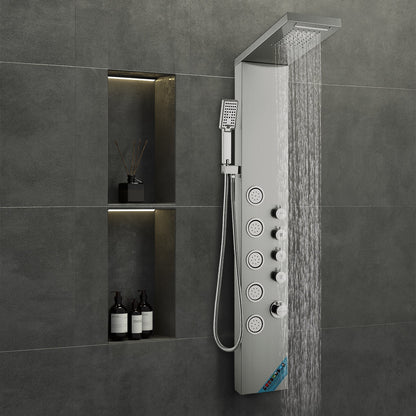 Shower Panel System, 4 Shower Modes Shower Panel Tower, Rainfall, Waterfall, 5 Full Body Massage Jets and 3-Setting Handheld Shower Head with 59" Hose, Stainless Steel Wall-Mounted Shower Set