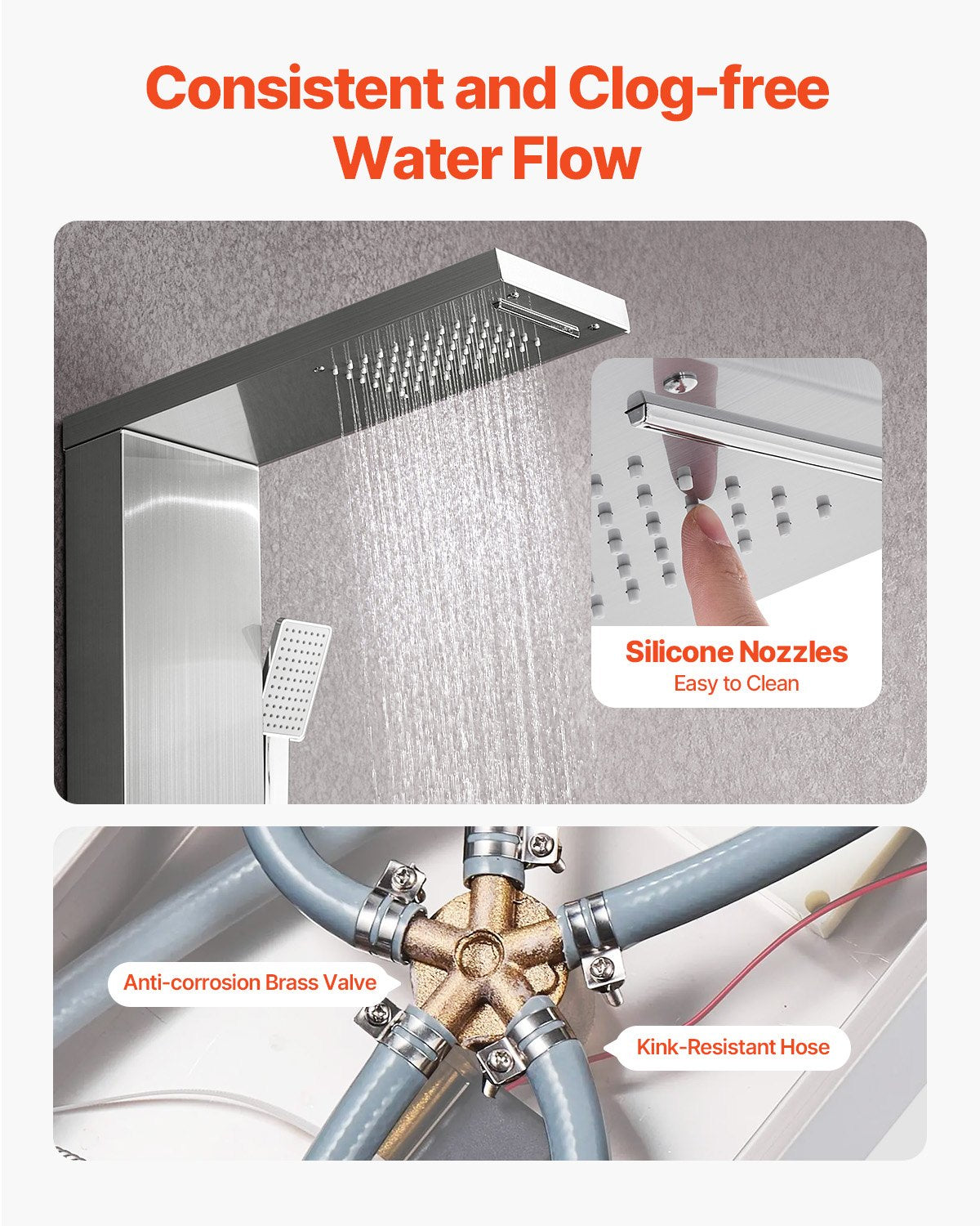 Duschpaneel-Turmsystem mit Regenduschkopf, 135 cm hohe Duschsäule aus gebürstetem Edelstahl, 5-Funktions-Armatur, wandmontiertes Regenmassagesystem mit 3 Körperdüsen, Handbrause und Wanneneinlauf