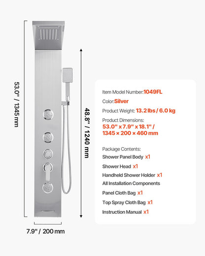 Duschpaneel-Turmsystem mit Regenduschkopf, 135 cm hohe Duschsäule aus gebürstetem Edelstahl, 5-Funktions-Armatur, wandmontiertes Regenmassagesystem mit 3 Körperdüsen, Handbrause und Wanneneinlauf