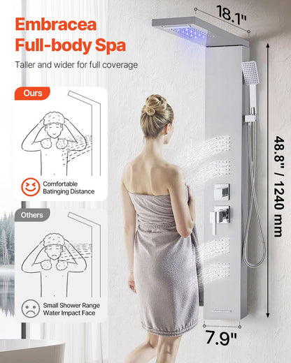 Shower Panel Tower System with Rainfall Waterfall Shower Head, LED, 53 in Brushed Stainless Steel Shower Column, 5-Function Faucet, Wall-Mount Rain Massage System, with Handheld and Tub Spout