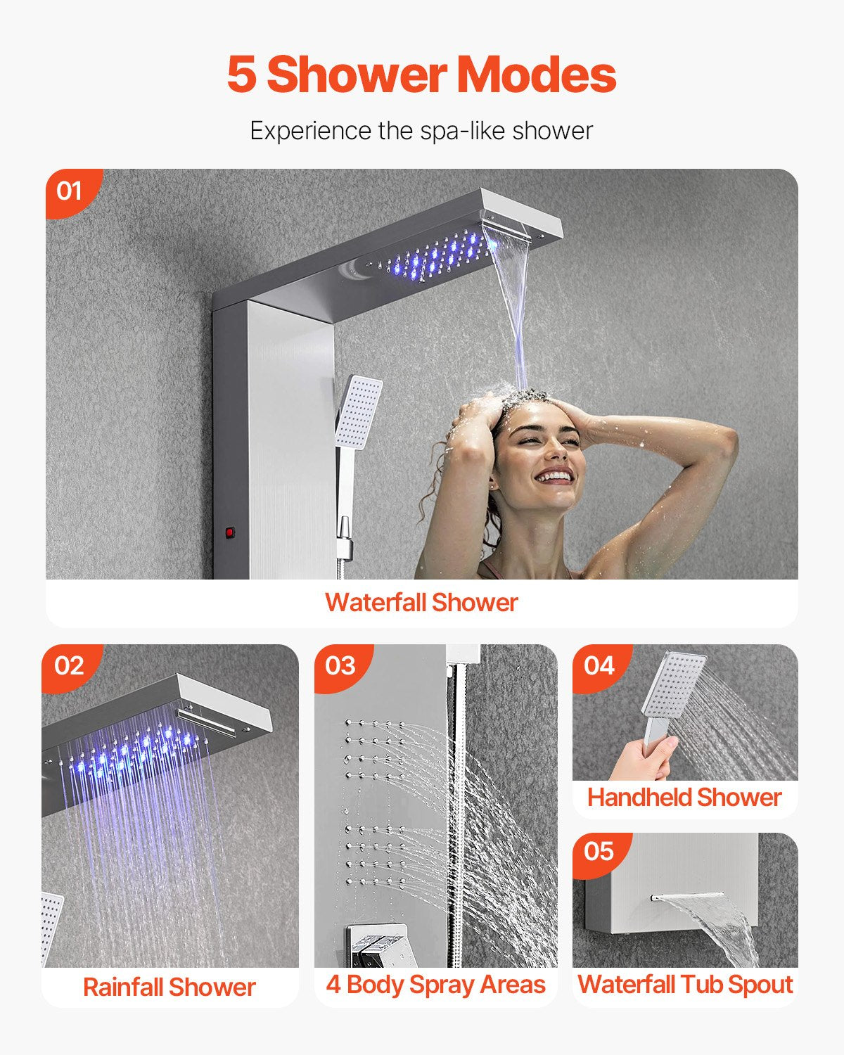 Shower Panel Tower System with Rainfall Waterfall Shower Head, LED, 53 in Brushed Stainless Steel Shower Column, 5-Function Faucet, Wall-Mount Rain Massage System, with Handheld and Tub Spout