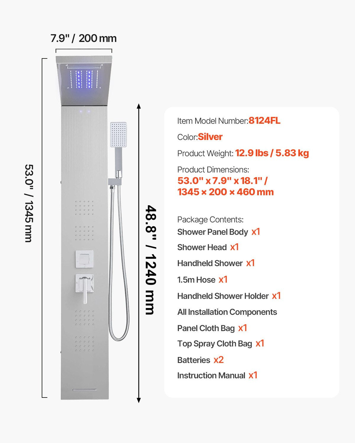 Shower Panel Tower System with Rainfall Waterfall Shower Head, LED, 53 in Brushed Stainless Steel Shower Column, 5-Function Faucet, Wall-Mount Rain Massage System, with Handheld and Tub Spout