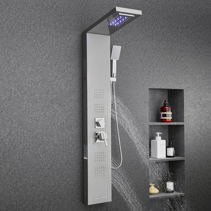 Shower Panel Tower System with Rainfall Waterfall Shower Head, LED, 53 in Brushed Stainless Steel Shower Column, 5-Function Faucet, Wall-Mount Rain Massage System, with Handheld and Tub Spout