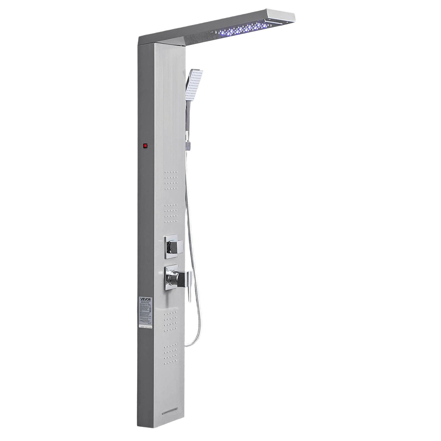 Shower Panel Tower System with Rainfall Waterfall Shower Head, LED, 53 in Brushed Stainless Steel Shower Column, 5-Function Faucet, Wall-Mount Rain Massage System, with Handheld and Tub Spout