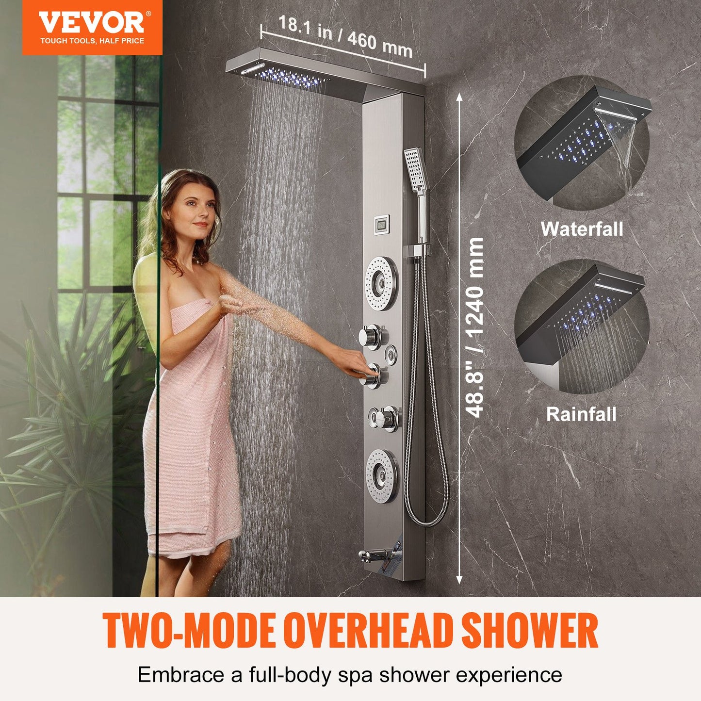 Shower Panel System, 6 Shower Modes, LED & Display Shower Panel Tower, Rainfall, Waterfall, 4 Body Massage Jets, Tub Spout, Handheld Shower Head 59" Hose, Stainless Steel Wall-Mounted Shower Set