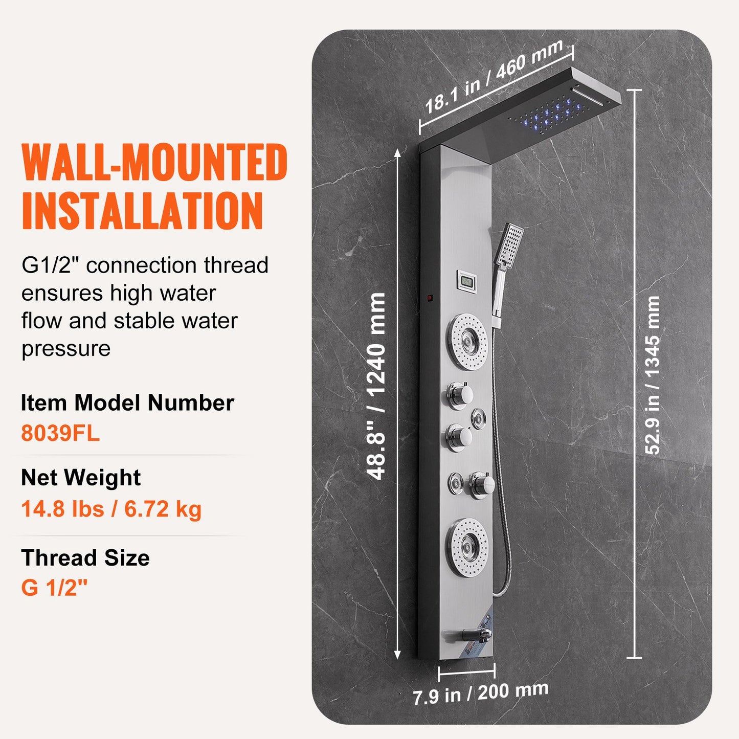 Shower Panel System, 6 Shower Modes, LED & Display Shower Panel Tower, Rainfall, Waterfall, 4 Body Massage Jets, Tub Spout, Handheld Shower Head 59" Hose, Stainless Steel Wall-Mounted Shower Set