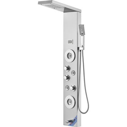 Shower Panel System, 6 Shower Modes, LED & Display Shower Panel Tower, Rainfall, Waterfall, 4 Body Massage Jets, Tub Spout, Handheld Shower Head 59" Hose, Stainless Steel Wall-Mounted Shower Set