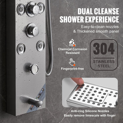 Shower Panel System, 6 Shower Modes, LED & Screen Hydroelectricity Shower Panel Tower, Rainfall, Waterfall, 8 Massage Jets, Tub Spout, Handheld Shower, Stainless Steel Wall-Mounted Shower Set