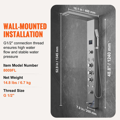 Shower Panel System, 6 Shower Modes, LED & Screen Hydroelectricity Shower Panel Tower, Rainfall, Waterfall, 8 Massage Jets, Tub Spout, Handheld Shower, Stainless Steel Wall-Mounted Shower Set