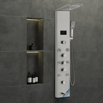 Shower Panel System, 6 Shower Modes, LED & Screen Hydroelectricity Shower Panel Tower, Rainfall, Waterfall, 8 Massage Jets, Tub Spout, Handheld Shower, Stainless Steel Wall-Mounted Shower Set