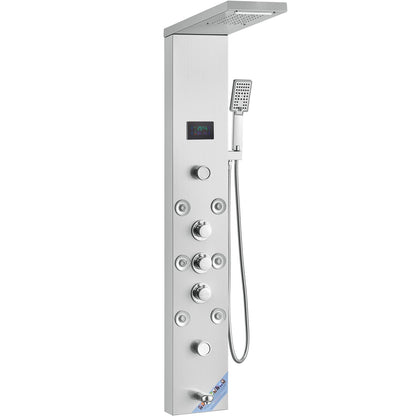 Shower Panel System, 6 Shower Modes, LED & Screen Hydroelectricity Shower Panel Tower, Rainfall, Waterfall, 8 Massage Jets, Tub Spout, Handheld Shower, Stainless Steel Wall-Mounted Shower Set