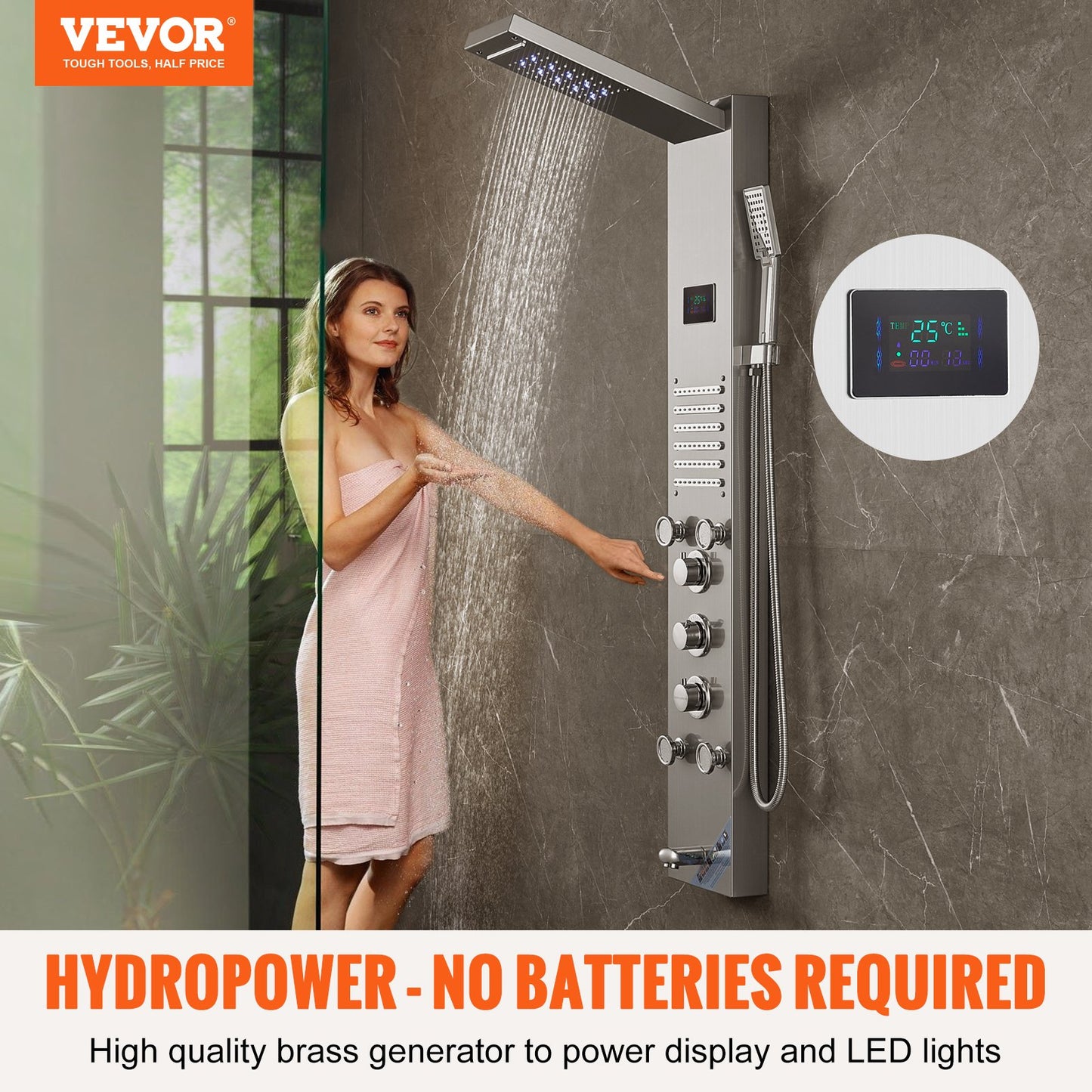 Shower Panel System, 6 Shower Modes, LED & Screen Hydroelectricity Shower Panel Tower, Rainfall, Waterfall, 5 Massage Jets, Tub Spout, Handheld Shower, Stainless Steel Wall-Mounted Shower Set