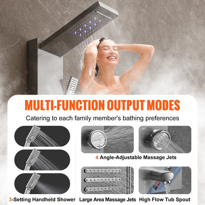 Shower Panel System, 6 Shower Modes, LED & Screen Hydroelectricity Shower Panel Tower, Rainfall, Waterfall, 5 Massage Jets, Tub Spout, Handheld Shower, Stainless Steel Wall-Mounted Shower Set