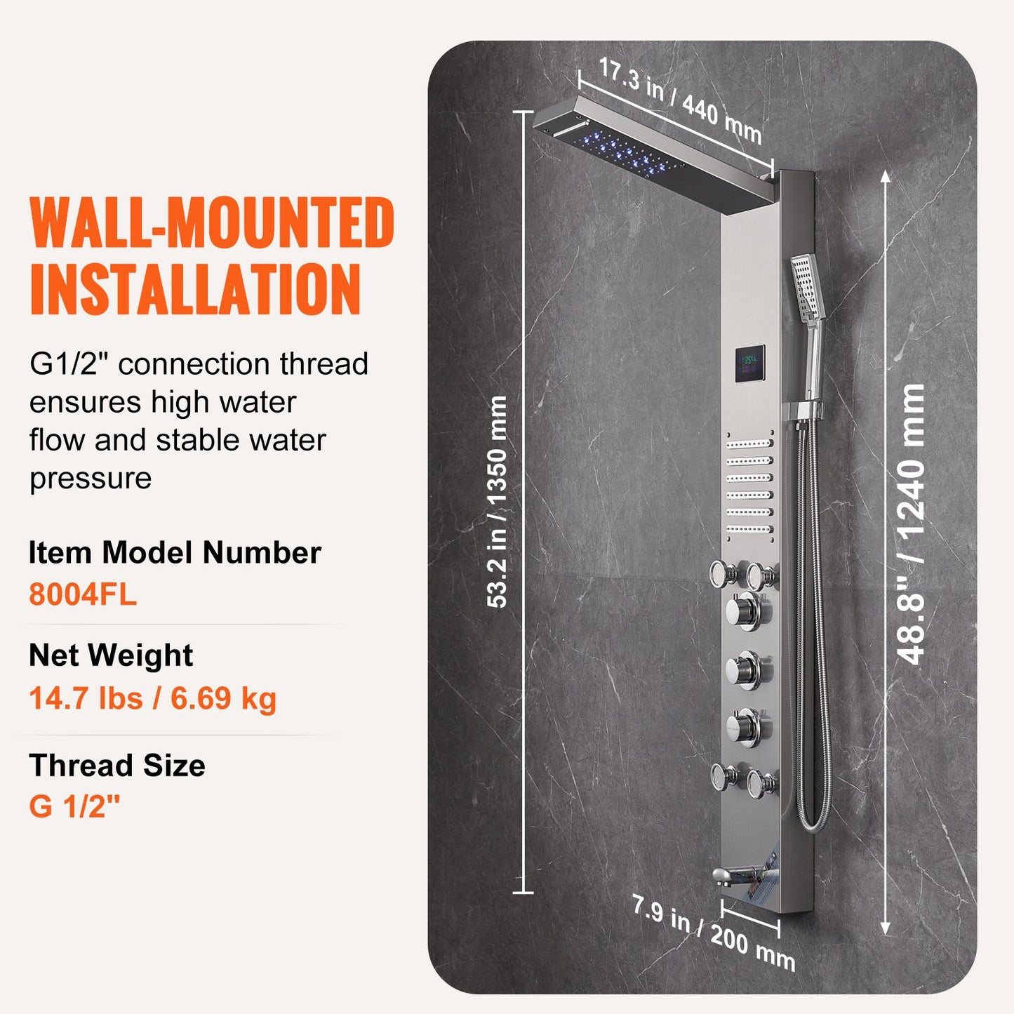 Shower Panel System, 6 Shower Modes, LED & Screen Hydroelectricity Shower Panel Tower, Rainfall, Waterfall, 5 Massage Jets, Tub Spout, Handheld Shower, Stainless Steel Wall-Mounted Shower Set