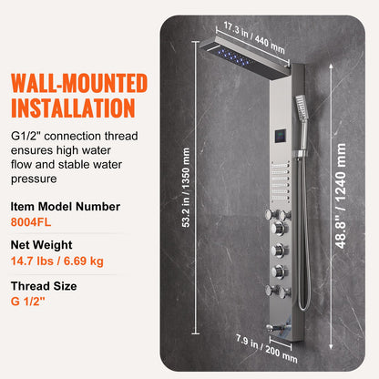 Shower Panel System, 6 Shower Modes, LED & Screen Hydroelectricity Shower Panel Tower, Rainfall, Waterfall, 5 Massage Jets, Tub Spout, Handheld Shower, Stainless Steel Wall-Mounted Shower Set