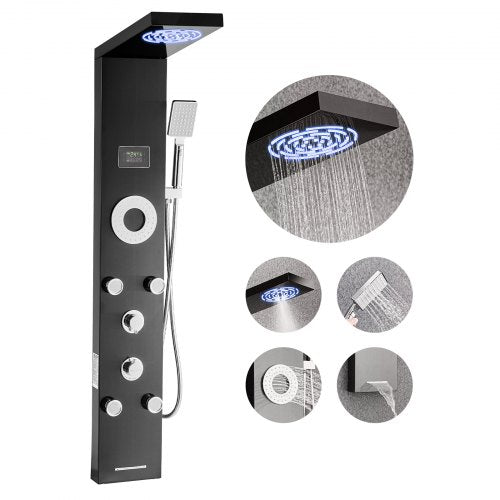 Duschpaneel-Turmsystem mit Regenduschkopf, LED-Beleuchtung, 135 cm hoher Duschsäule aus gebürstetem Edelstahl, 6-Funktions-Armatur, wandmontiertem Regenmassagesystem mit 5 Körperdüsen, Handbrause und Wanneneinlauf